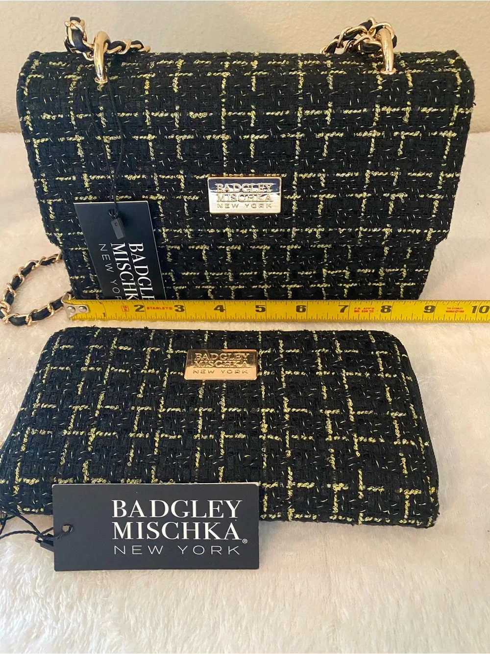 Badgley Mischka Black and Gold Tara Tweed Chain Crossbody and Wallet Set NWT